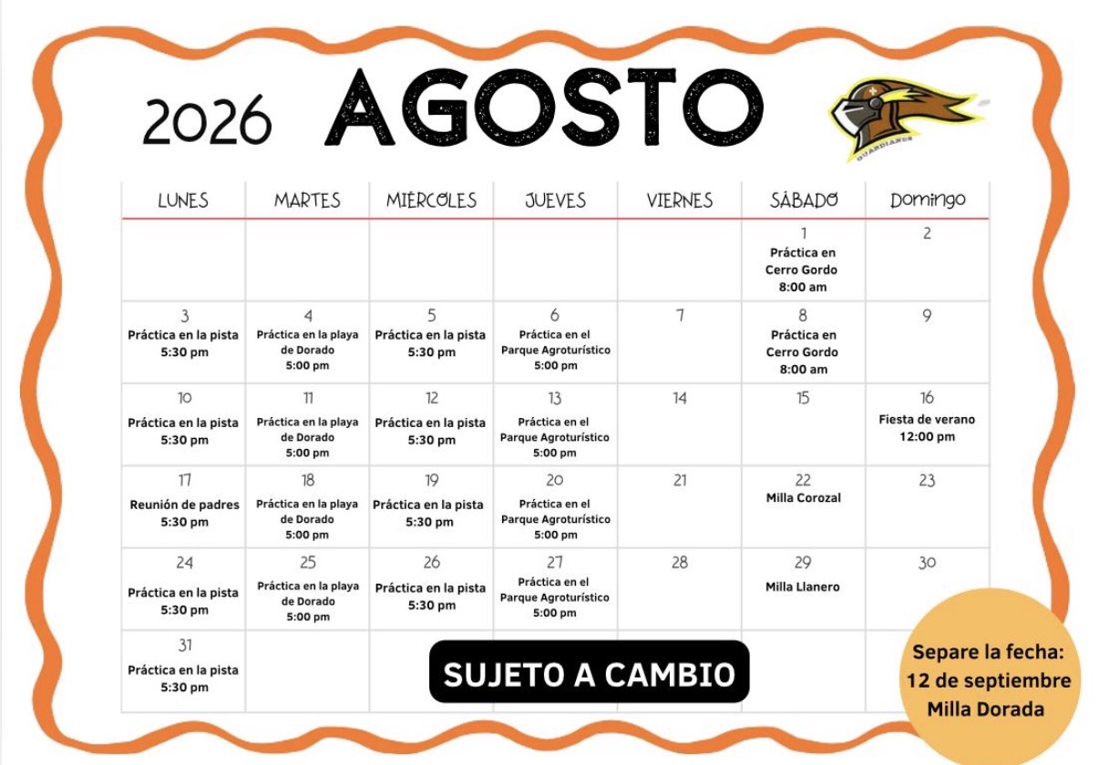 Calendario de entrenamiento y actividades de agosto 2026