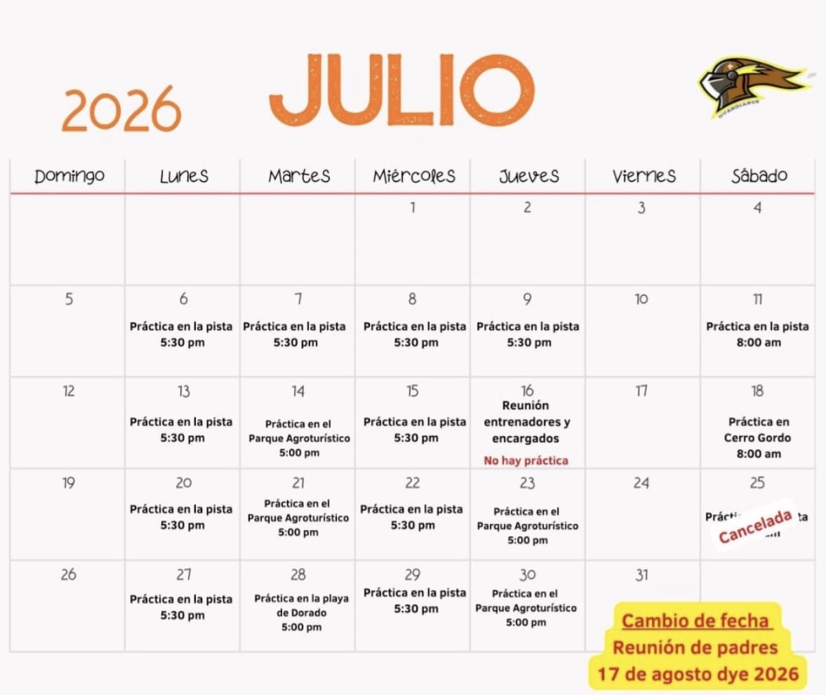 Calendario de entrenamiento de julio 2026
