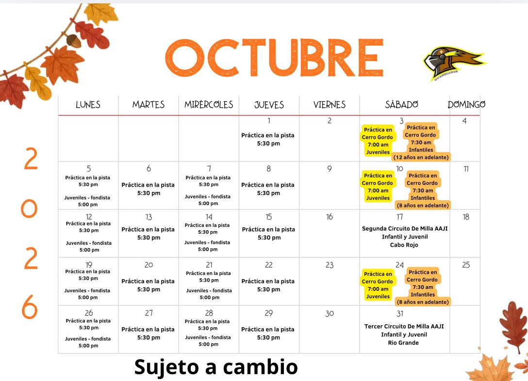 Calendario de entrenamiento y actividades de octubre 2026